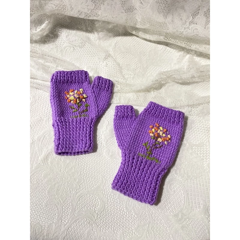 Handmade Crochet Fingerless Gloves with Embroidered Flowers