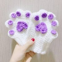 Handmade Fingerless Gloves with Purple Paw Design