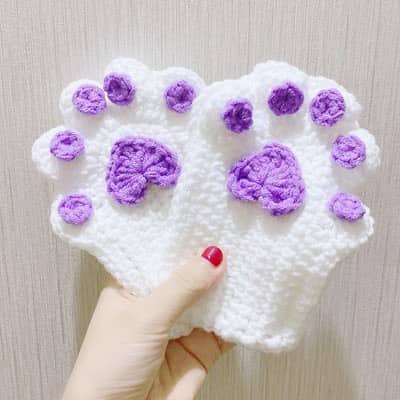 Handmade Fingerless Gloves with Purple Paw Design