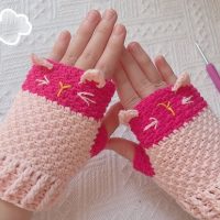 Handmade Fingerless Gloves with Cat Ears and Embroidery