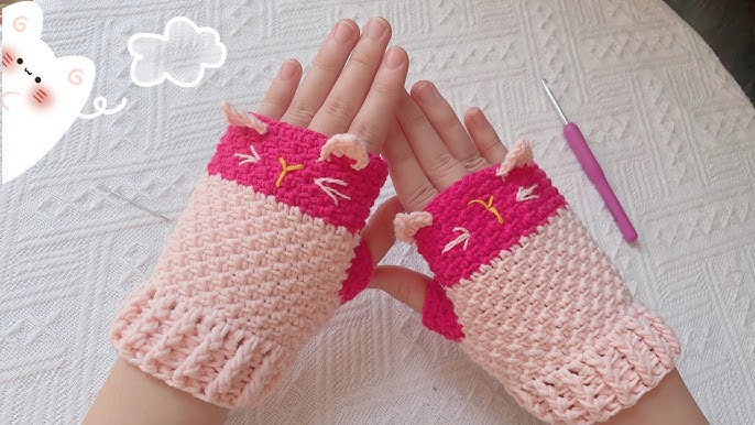 Handmade Fingerless Gloves with Cat Ears and Embroidery