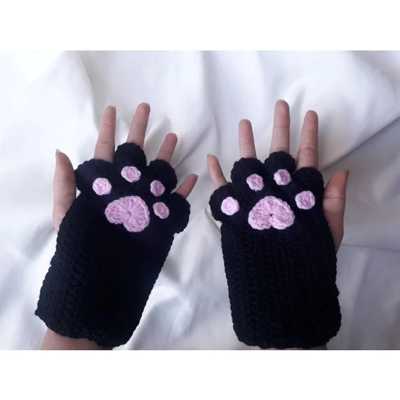 Handmade Crochet Paw Print Fingerless Gloves